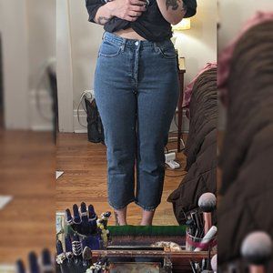 Super High Rise Straight Jeans Wild Fable Medium Blue 8 Women Cropped Frayed Hem